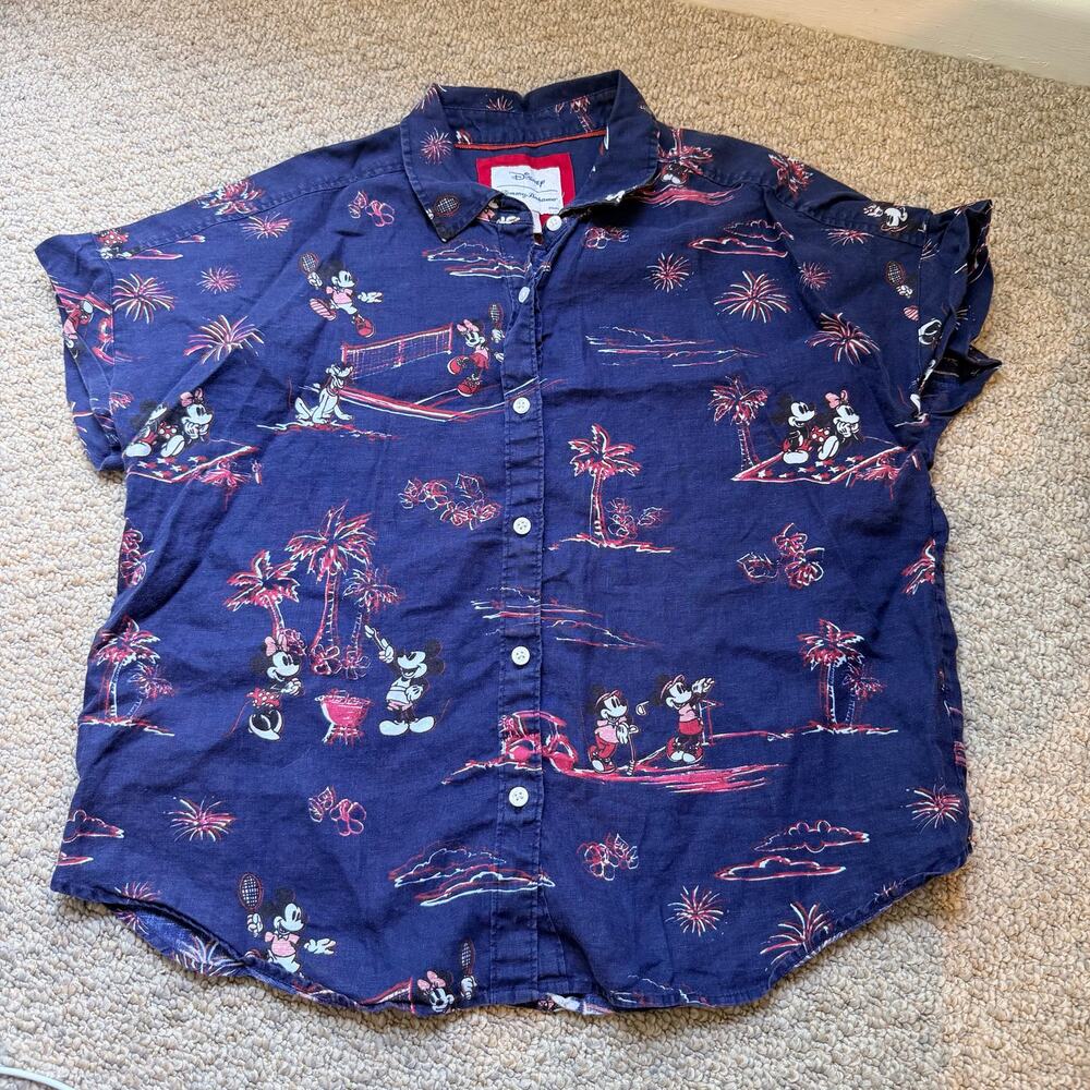 Tommy Bahama Disney Barbecue Blastoff Linen Camp Shirt Womens Medium Navy